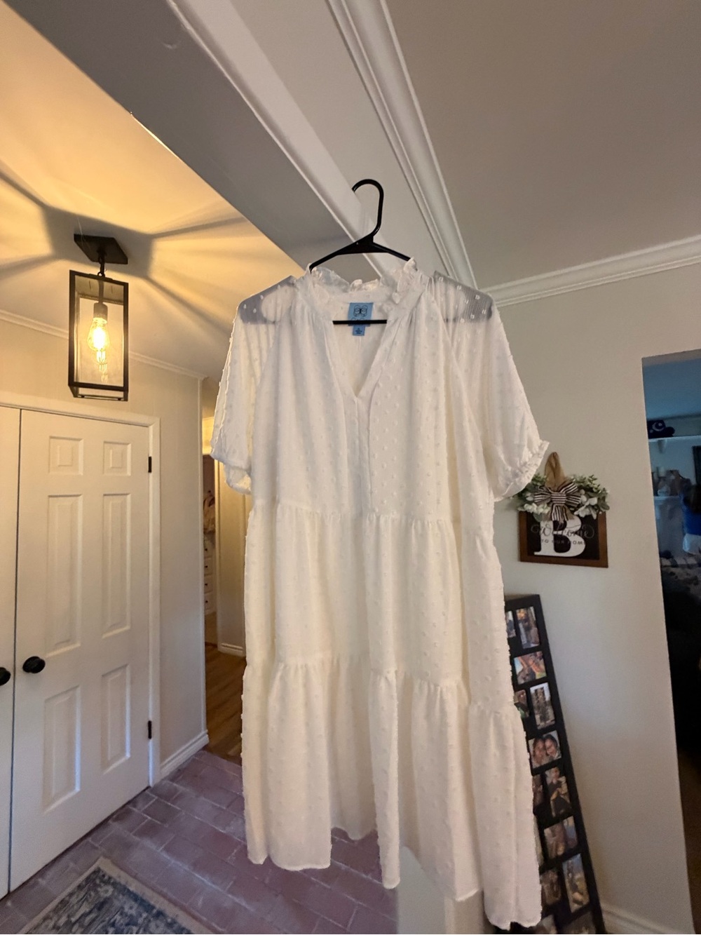 CeCe White Tiered Swiss-Dot Midi Dress